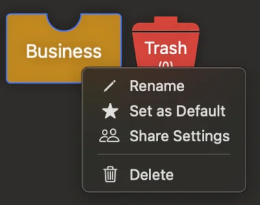 Drawer context menu with default and sharing options